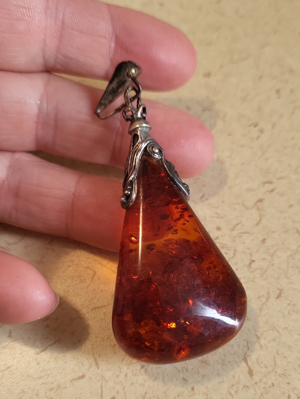 Antique Teardrop Amber Pendant in Deep Amber Brown